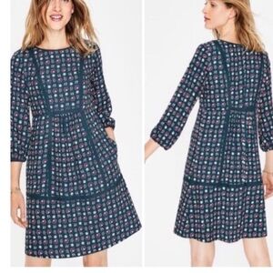 Boden Teal Luna Prairie Dress Floral Back Zip 3/4 Sleeve Pocket